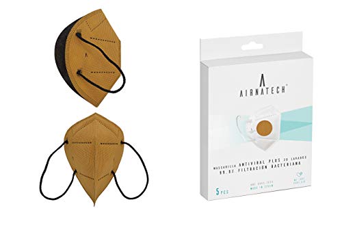 AIRNATECH Plus Air-e017 Mascarillas Higiénicas Reutilizables - 20 Lavados - 99,9% Filtración Bacteriana - 11 Mostaza - Pack 5 Unidades, color Mostaza - Pack de 5