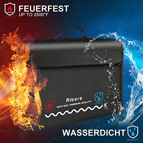 Aitere Bolsa ignífuga para documentos, 43 x 31 x 15 cm, impermeable, resistente al fuego, para documentos A4, pasaporte, dinero, objetos de valor | con bolsillo adicional y cremallera YKK