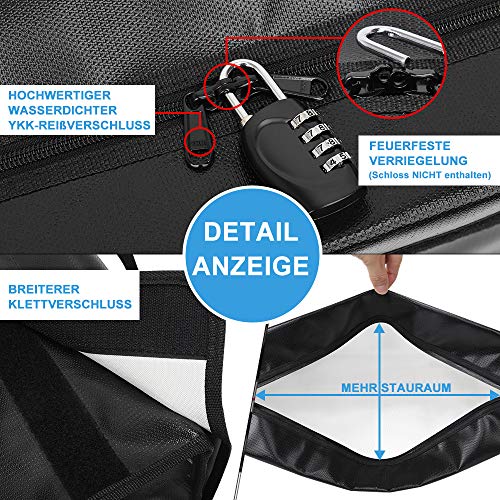 Aitere Bolsa ignífuga para documentos, 43 x 31 x 15 cm, impermeable, resistente al fuego, para documentos A4, pasaporte, dinero, objetos de valor | con bolsillo adicional y cremallera YKK