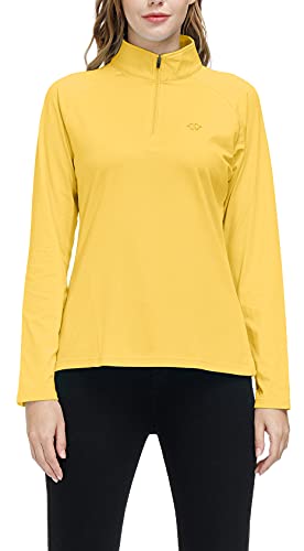 AjezMax Camiseta Deporte Mujer de Manga Larga Camisetas Corriendo Invierno Secado Rápido Sudadera de 1/4 Zip con Agujeros para los Pulgares Amarillo L