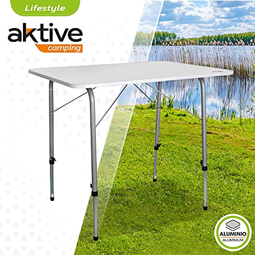 Aktive 52868 - Mesa plegable camping, Mesa altura regulable, Mesa camping, 80x60x50-69 cm, estructura aluminio, Ø22 mm, color blanco, Mesa ligera, Mesa auxiliar