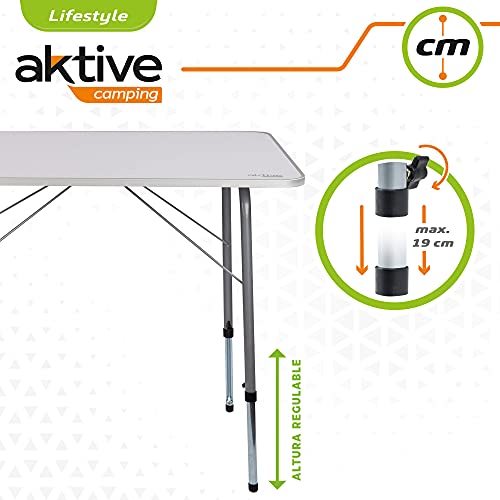 Aktive 52868 - Mesa plegable camping, Mesa altura regulable, Mesa camping, 80x60x50-69 cm, estructura aluminio, Ø22 mm, color blanco, Mesa ligera, Mesa auxiliar