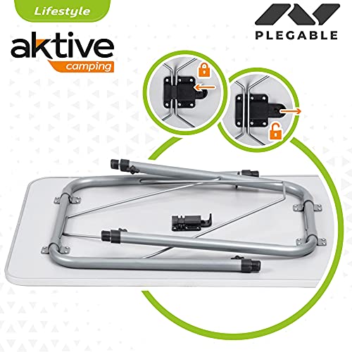 Aktive 52868 - Mesa plegable camping, Mesa altura regulable, Mesa camping, 80x60x50-69 cm, estructura aluminio, Ø22 mm, color blanco, Mesa ligera, Mesa auxiliar