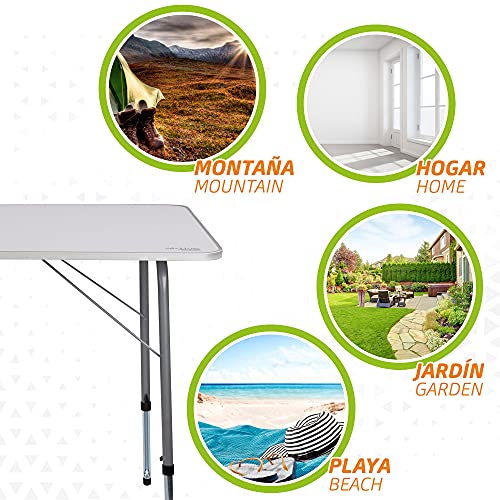 Aktive 52868 - Mesa plegable camping, Mesa altura regulable, Mesa camping, 80x60x50-69 cm, estructura aluminio, Ø22 mm, color blanco, Mesa ligera, Mesa auxiliar