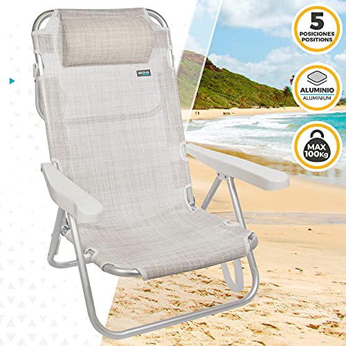 Aktive 53975 - Silla reclinable de playa, Silla multiposición, 5 posiciones, altura del asiento 21 cm, 60x47x83 cm, con asa de transporte, color beige, Aktive Beach