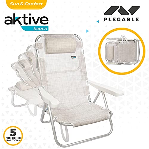 Aktive 53975 - Silla reclinable de playa, Silla multiposición, 5 posiciones, altura del asiento 21 cm, 60x47x83 cm, con asa de transporte, color beige, Aktive Beach
