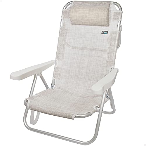 Aktive 53975 - Silla reclinable de playa, Silla multiposición, 5 posiciones, altura del asiento 21 cm, 60x47x83 cm, con asa de transporte, color beige, Aktive Beach