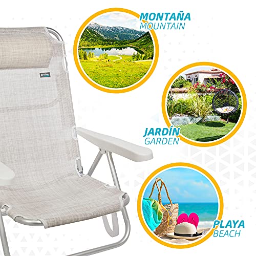 Aktive 53975 - Silla reclinable de playa, Silla multiposición, 5 posiciones, altura del asiento 21 cm, 60x47x83 cm, con asa de transporte, color beige, Aktive Beach