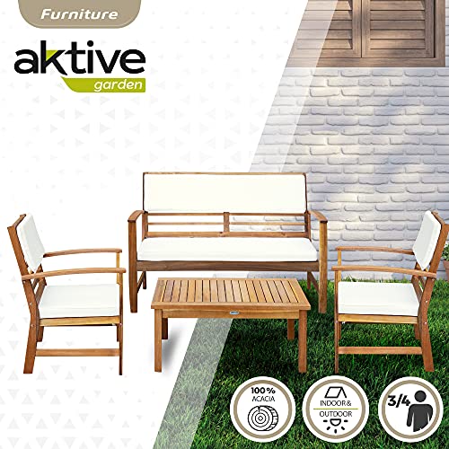 Aktive 61001 - Conjunto muebles de jardín, Conjunto muebles de madera, Muebles jardín, 1 mesa, 2 sillas, 1 banco, cojines color beige, Madera de acacia