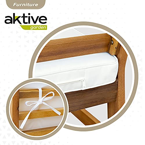 Aktive 61001 - Conjunto muebles de jardín, Conjunto muebles de madera, Muebles jardín, 1 mesa, 2 sillas, 1 banco, cojines color beige, Madera de acacia
