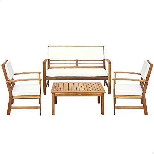 Aktive 61001 - Conjunto muebles de jardín, Conjunto muebles de madera, Muebles jardín, 1 mesa, 2 sillas, 1 banco, cojines color beige, Madera de acacia