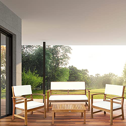 Aktive 61001 - Conjunto muebles de jardín, Conjunto muebles de madera, Muebles jardín, 1 mesa, 2 sillas, 1 banco, cojines color beige, Madera de acacia