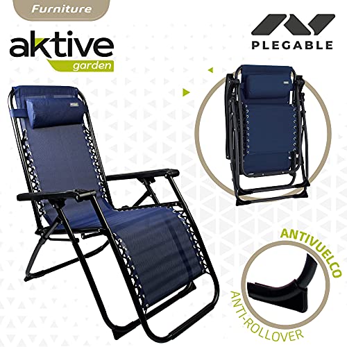 Aktive 62190 - Hamaca plegable, gravedad cero, color azul, Hamacas jardín, con cojín, mide 65x90x108 cm, Silla gravedad cero, estructura acero cromado, Aktive Garden