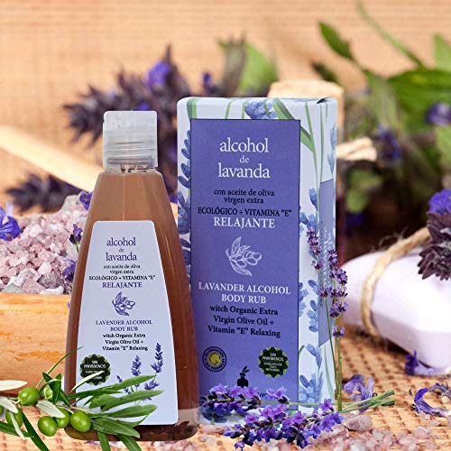 Alcohol Corporal de Lavanda para Masajes, enriquecido con Aceite de Oliva Virgen Extra y Vitamina E. Elaboración 100% artesanal sin parabenos