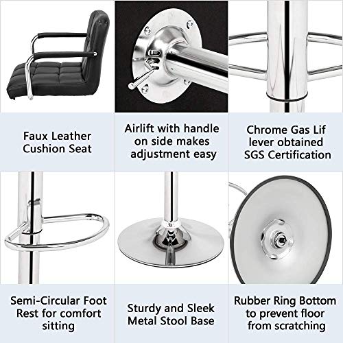 ALightUp Taburete de Bar, Juego de 2 sillas Altas para Barra de Cocina Ajustables en Altura con Respaldo y reposapiés, apoyabrazos giratorios de 360 ​​°, Base cromada para Barra, salón, mostrador