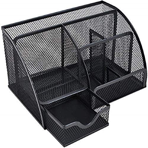 Almacenamiento de Oficina Multifuncional, Organizador de Escritorio de Malla Simple para el Hogar con Cajón Deslizante, Portalápices para Ahorrar Espacio (Negro)