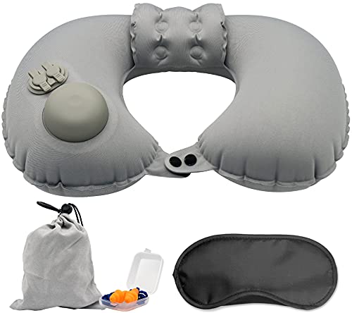 Almohada Cervical Inflable y Ultraligera: Almohada Viaje con Antifaz para Dormir y Tapones para los oídos, Almohadas Hinchable desinflado de 3 s, Almohada de Viaje en avión, Tren (40x28cm)