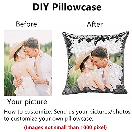 Almohada Personalizada con Foto, Cojín Lentejuelas Personalizado, para Amiga Mama Novios Aniversario Regalo, 40x40cm, Plata, Solo Funda de Almohada