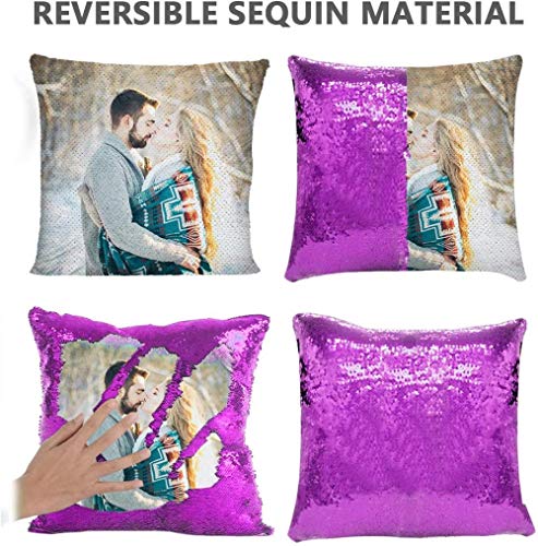 Almohada Personalizada con Foto, Cojín Lentejuelas Personalizado, para Amiga Mama Novios Aniversario Regalo, 40x40cm, Plata, Solo Funda de Almohada