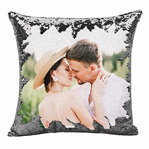 Almohada Personalizada con Foto, Cojín Lentejuelas Personalizado, para Amiga Mama Novios Aniversario Regalo, 40x40cm, Plata, Solo Funda de Almohada