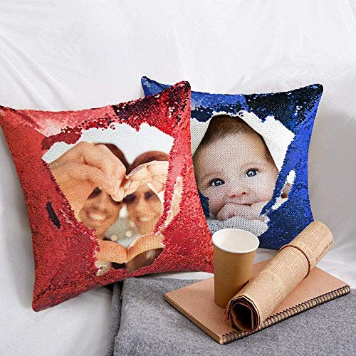 Almohada Personalizada con Foto, Cojín Lentejuelas Personalizado, para Amiga Mama Novios Aniversario Regalo, 40x40cm, Plata, Solo Funda de Almohada