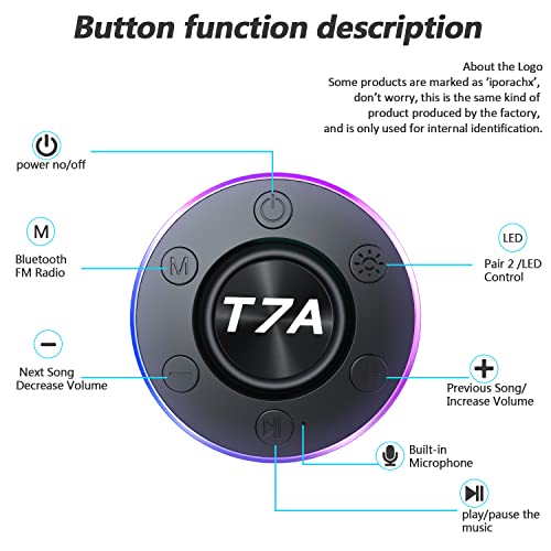 Altavoz Bluetooth Inalámbrico, Altavoces Portatil Bluetooth con Mic, Sonido Estéreo Potentes Altavoz Bluetooth 5.0, IPX7 Impermeable Altavoz Ducha con Ventosa, luz LED, Llamadas Manos Libres, Radio FM