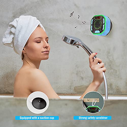 Altavoz de Ducha Bluetooth 5.0, IPX7 Altavoz Inalámbrico Portátil a Prueba de Agua Radio de Ducha con Pantalla LED Ventosa, Luces de Colores, 66Pies con 12Horas de Reproducción para Fiestas en Casa