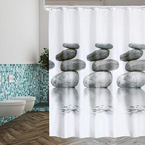 Alvinlite Cortina de Ducha para baño Cortinas de poliéster Impermeables, Cortina de Ducha Blanca Piedras Grises, con Ganchos para Colgar, Varios tamaños (Opcional)(Metro)