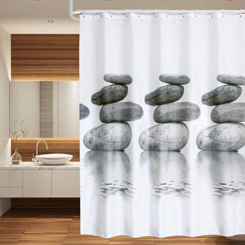 Alvinlite Cortina de Ducha para baño Cortinas de poliéster Impermeables, Cortina de Ducha Blanca Piedras Grises, con Ganchos para Colgar, Varios tamaños (Opcional)(Metro)