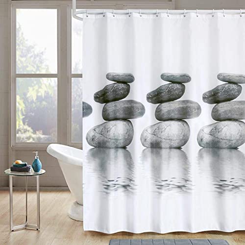 Alvinlite Cortina de Ducha para baño Cortinas de poliéster Impermeables, Cortina de Ducha Blanca Piedras Grises, con Ganchos para Colgar, Varios tamaños (Opcional)(Metro)