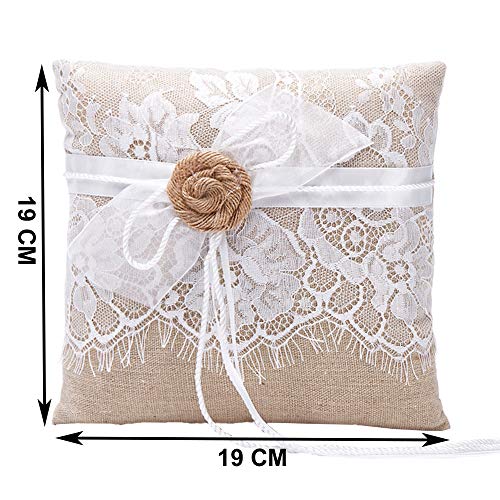 AmaJOY Cojín de anillo de boda yute hechas a mano con Flores arpillera 19 cm * 19 cm