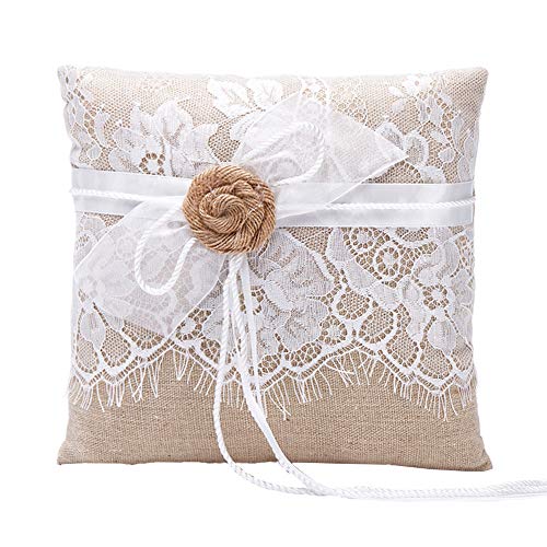 AmaJOY Cojín de anillo de boda yute hechas a mano con Flores arpillera 19 cm * 19 cm