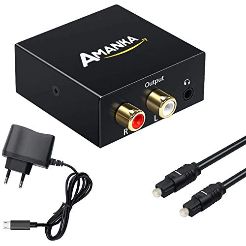 AMANKA Convertidor Digital a Analógico, DAC Audio Óptico Coaxial(RCA) Toslink SPDIF a Audio Estéreo R/L + Jack 3.5mm con Cable Óptico