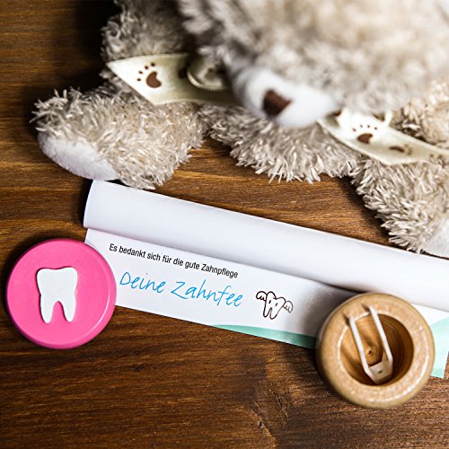 Amazy Caja para dientes de leche (Pequeña | Rosa) Incl. pinza y carta del Hada de los Dientes – Recipiente de madera para dientes de leche