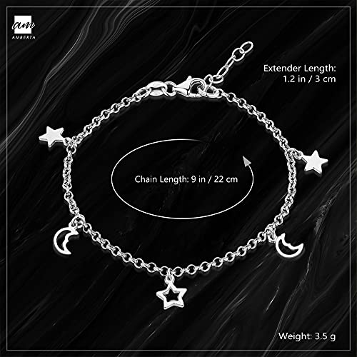 Amberta 925 Fina Plata de ley - Brazalete de Tobillo - 2,4 mm Pulsera de Rolo - Colgante Lunas y Estrellas- 22 a 25,5 cm - Ajuste Flexible