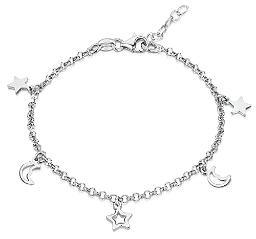 Amberta 925 Fina Plata de ley - Brazalete de Tobillo - 2,4 mm Pulsera de Rolo - Colgante Lunas y Estrellas- 22 a 25,5 cm - Ajuste Flexible