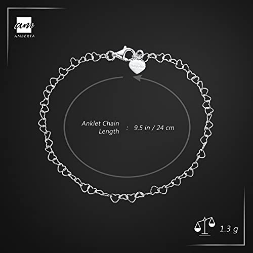 Amberta® Joyería - Brazalete de Tobillo - 925 Fina Plata de ley - 3 mm Pulsera de Corazón - Hasta 24 cm - Ajuste Flexible