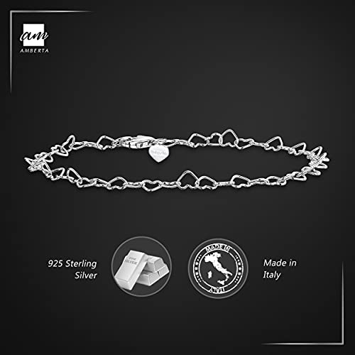 Amberta® Joyería - Brazalete de Tobillo - 925 Fina Plata de ley - 3 mm Pulsera de Corazón - Hasta 24 cm - Ajuste Flexible