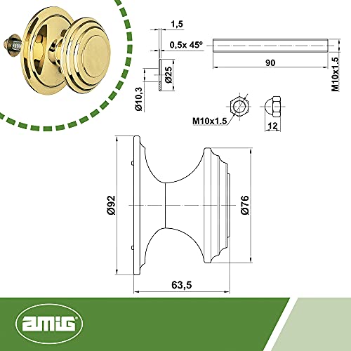 Amig - Pomo Mod 13 Dorado con Tirador Tallado de Latón Macizo con Acabado Pulido para Puertas Exteriores de Entrada | Diámetro Tirador Ø76 mm · Altura 63,5 mm | Incluye Tuerca de Fijación