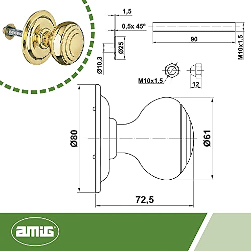 Amig - Pomo Mod 14 Dorado Redondo de Latón Macizo Pulido para Puertas Exteriores de Entrada | Diámetro Tirador Ø61 mm · Altura 72,5 mm | Fácil de Instalar Incluye Tuerca de Fijación