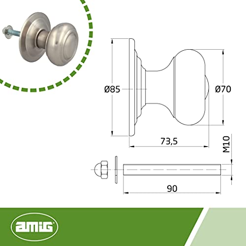 Amig - Pomo Mod. 53 Plateado Redondo de Latón con Acabado Cromado Mate para Puertas Exteriores de Entrada, Diámetro Tirador Ø70 mm · Altura 73,5 mm, Incluye Tornillo y Tuerca de Fijación, Cromo Mate