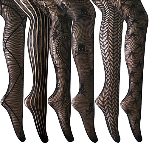 ANDIBEIQI Mujer Pantimedias Semi Medias, 6 pieza Negras Dibujos Florales Rayas Corazones Costura Pantimedias Semi Opacas Rejillas negro