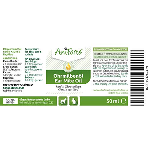 AniForte Aceite para el oído Perros, Gatos, Roedores 50ml - Cuidado de los ácaros del oído, ácaros de Las Gotas para el oído, Hongos de levadura, picor en el oído, Descarga