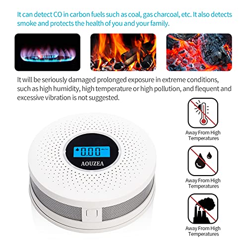 AOUZEA Detector de Humo, Monóxido de Carbono 2 en 1 y Alarma de Humo, Detector de Monóxido de Carbono de Alta Sensibilidad con Pantalla de Cristal Líquido Digital