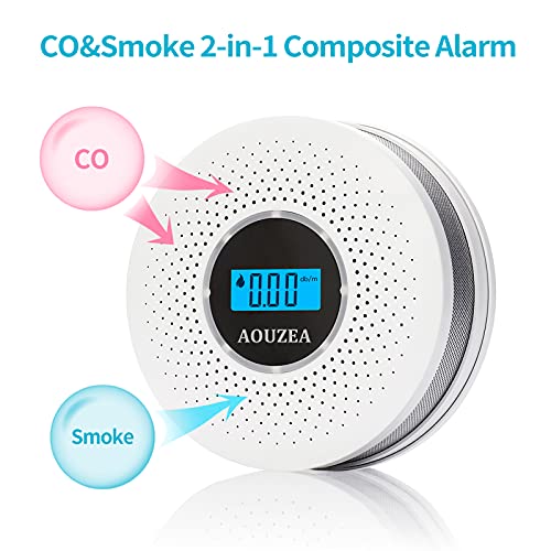 AOUZEA Detector de Humo, Monóxido de Carbono 2 en 1 y Alarma de Humo, Detector de Monóxido de Carbono de Alta Sensibilidad con Pantalla de Cristal Líquido Digital