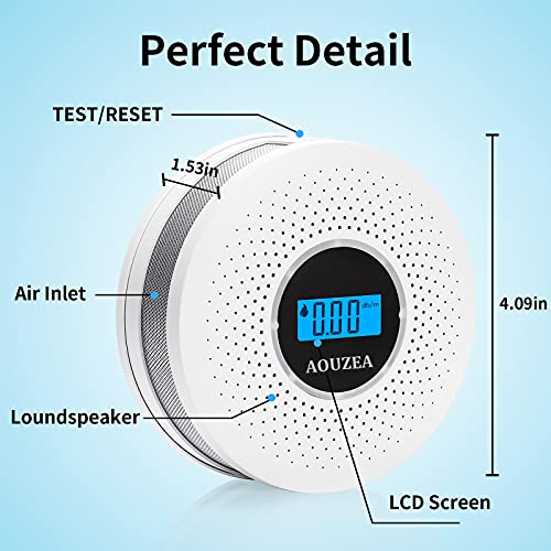 AOUZEA Detector de Humo, Monóxido de Carbono 2 en 1 y Alarma de Humo, Detector de Monóxido de Carbono de Alta Sensibilidad con Pantalla de Cristal Líquido Digital