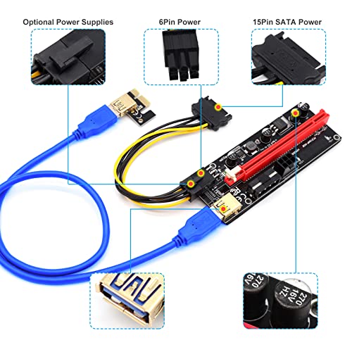 APKLVSR 6PCS PCI-E Riser 009S 16X Extender Cable GPU Riser Express Cable Adaptador Tarjeta con Cable USB 3.0 Extensión de Gráficos LED para Criptomonedas Bitcoin Litecoin Eth Coin Mining
