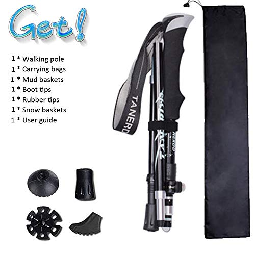 Aprllolg Bastón de Senderismo, Bastón de Trekking Plegable Ajustable 7075 Aleación de Aluminio, Anti-Choque Bastones de Marcha para Alpinismo Trail Viaje Mochilero (Negro)