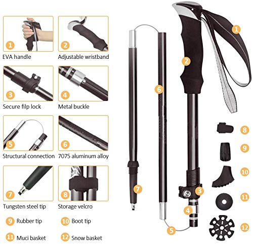 Aprllolg Bastón de Senderismo, Bastón de Trekking Plegable Ajustable 7075 Aleación de Aluminio, Anti-Choque Bastones de Marcha para Alpinismo Trail Viaje Mochilero (Negro)