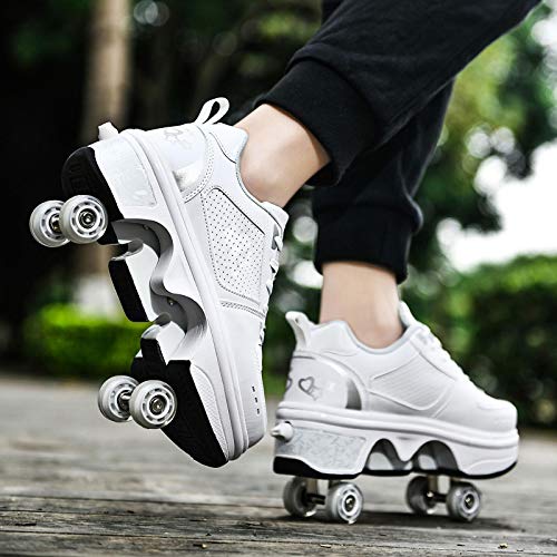 AQSG Zapatillas Deportivas Zapatillas Deportivas Zapatillas De Skate para Niños Zapatillas con Ruedas Ruedas De Skate Zapatillas Deportivas Zapatillas De Gimnasia para Niñas Navidad Pascua,White-36